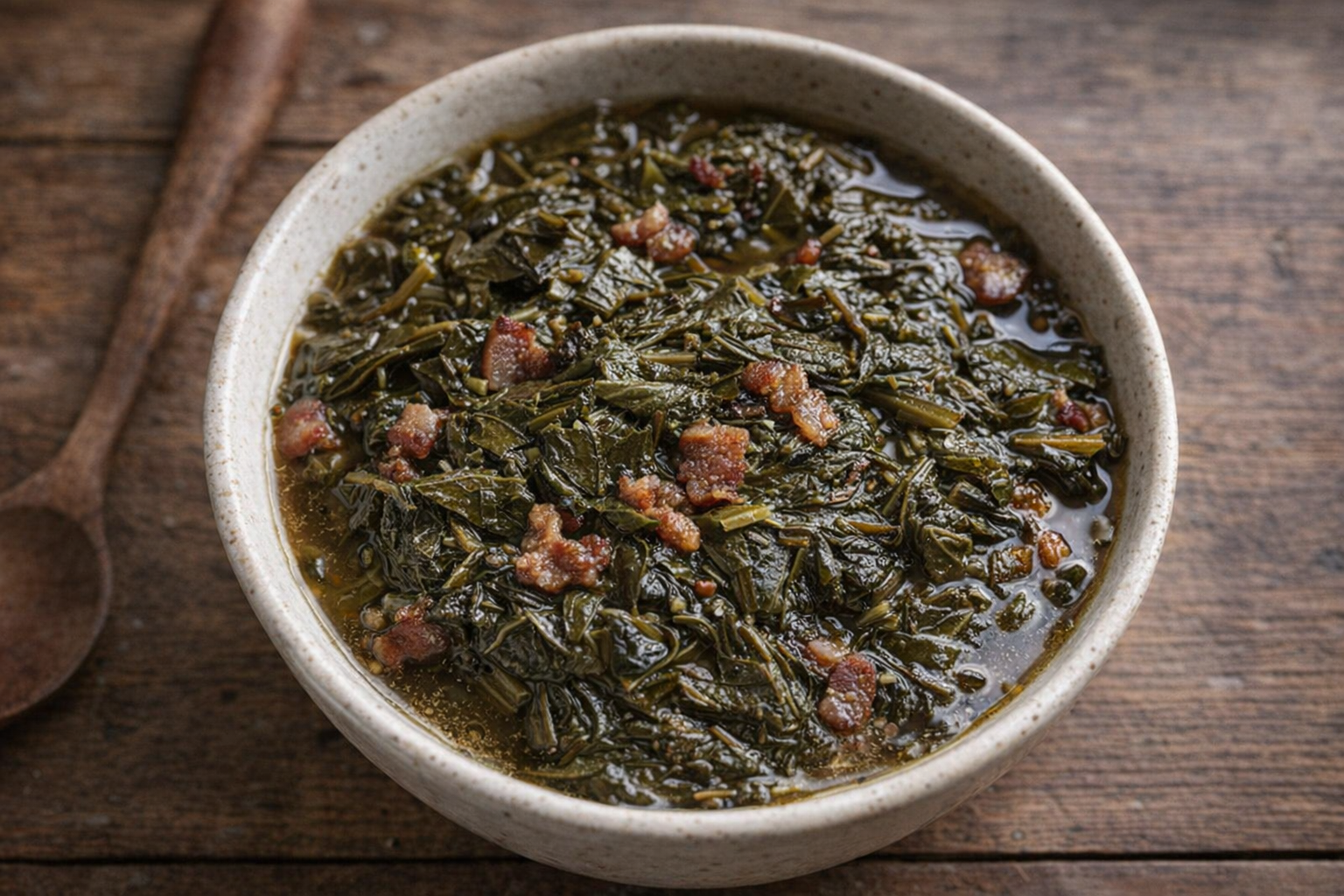 A close-up, overhead shot of a bowl of dark green, tender Southern-style collard greens with visible bits of bacon and a glistening potlikker broth, rustic wooden table background